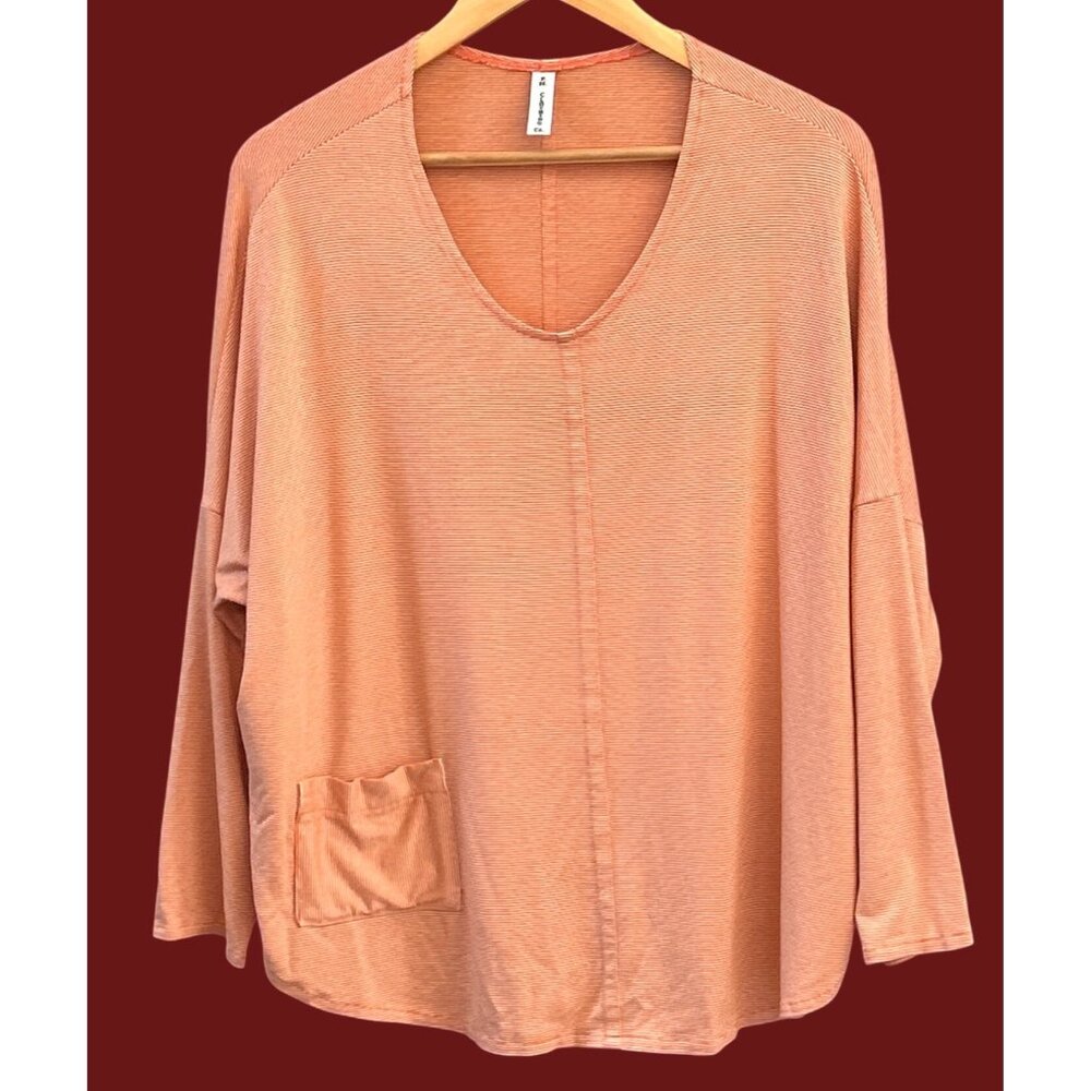F.H. Clothing Co. Oversized Orange Stripe Long Sleeve Top Pocket Detail USA